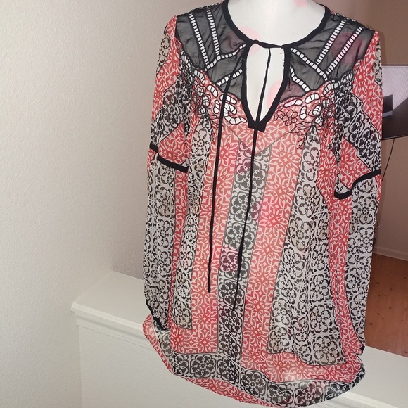 Bebe | cut out boho red \ black sheer tunic M - Picture 7 of 7